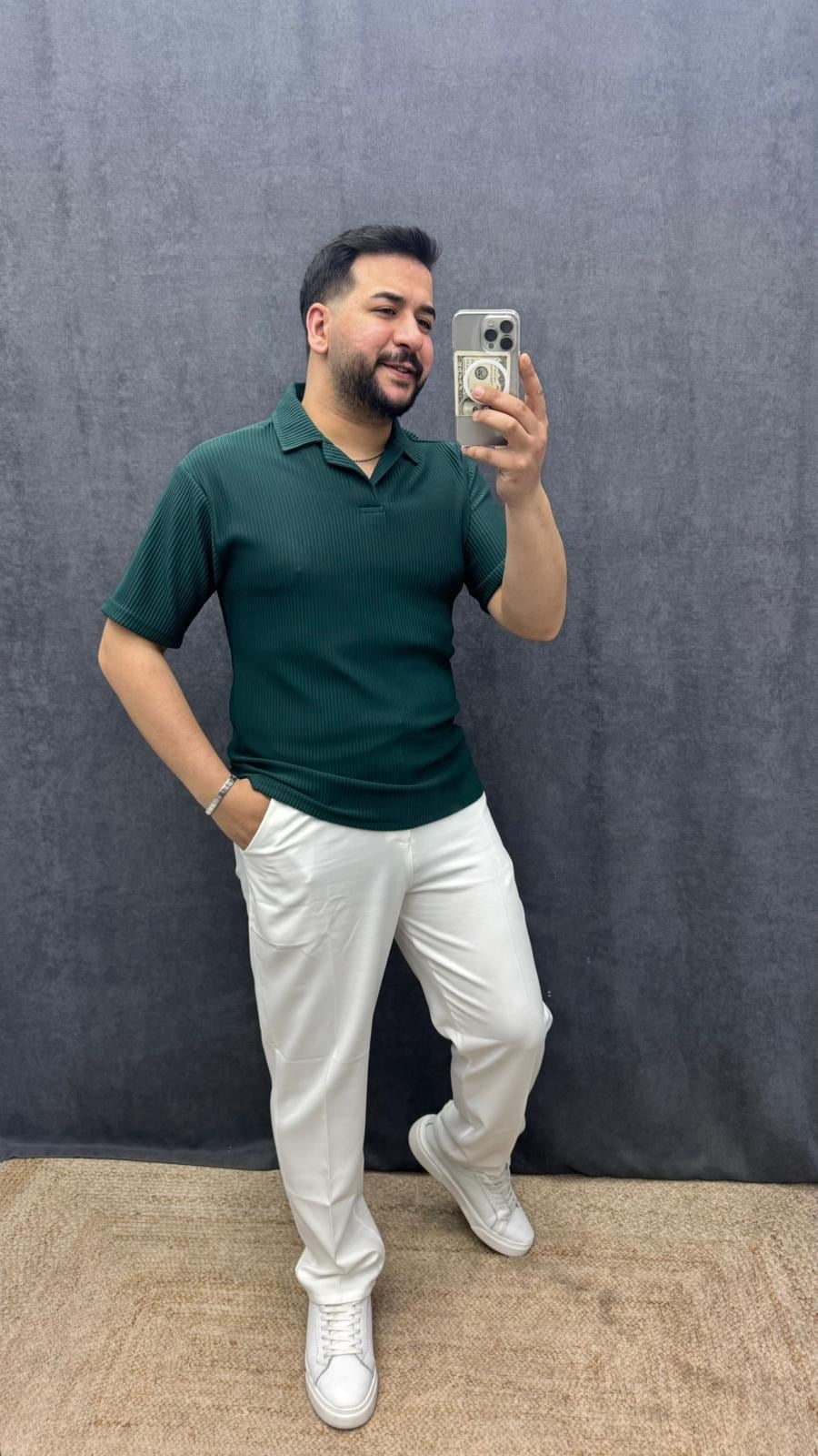 Ottoman Kumaş Fitilli Polo Yaka Tişört Zümrüt Yeşili