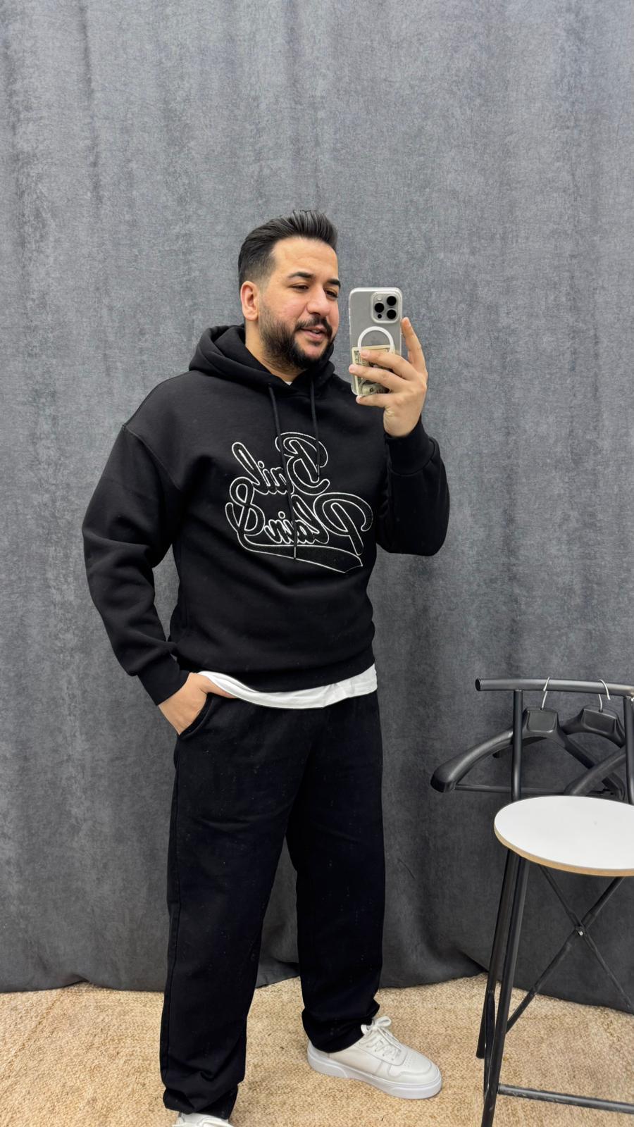 Peluş Nakışlı 3 İplik Oversize Sweat Siyah