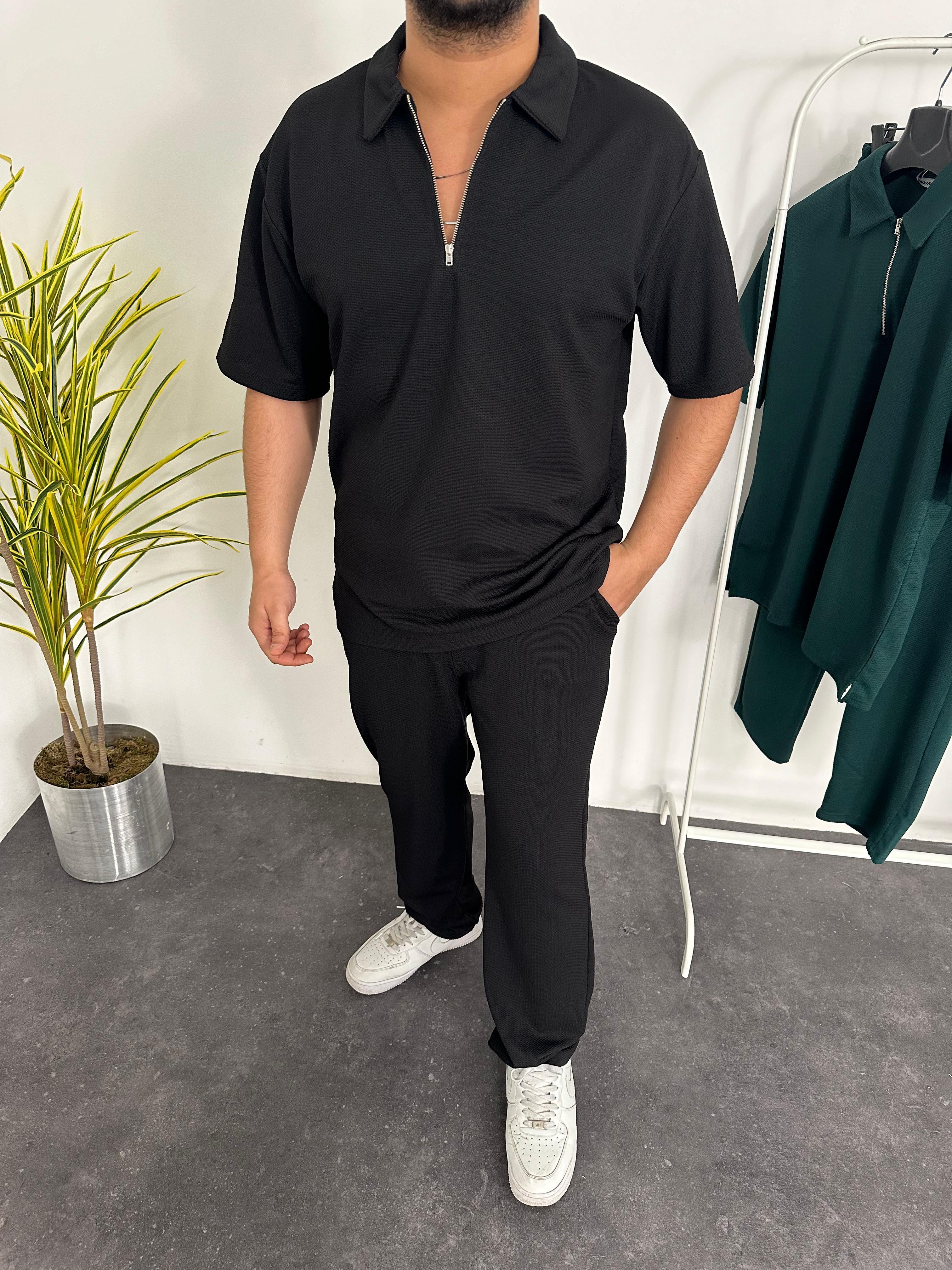 Pıtırcık Kumaş Yarım Fermuarlı Oversize Takım Siyah(Tüylenme Çekme Yapmaz)