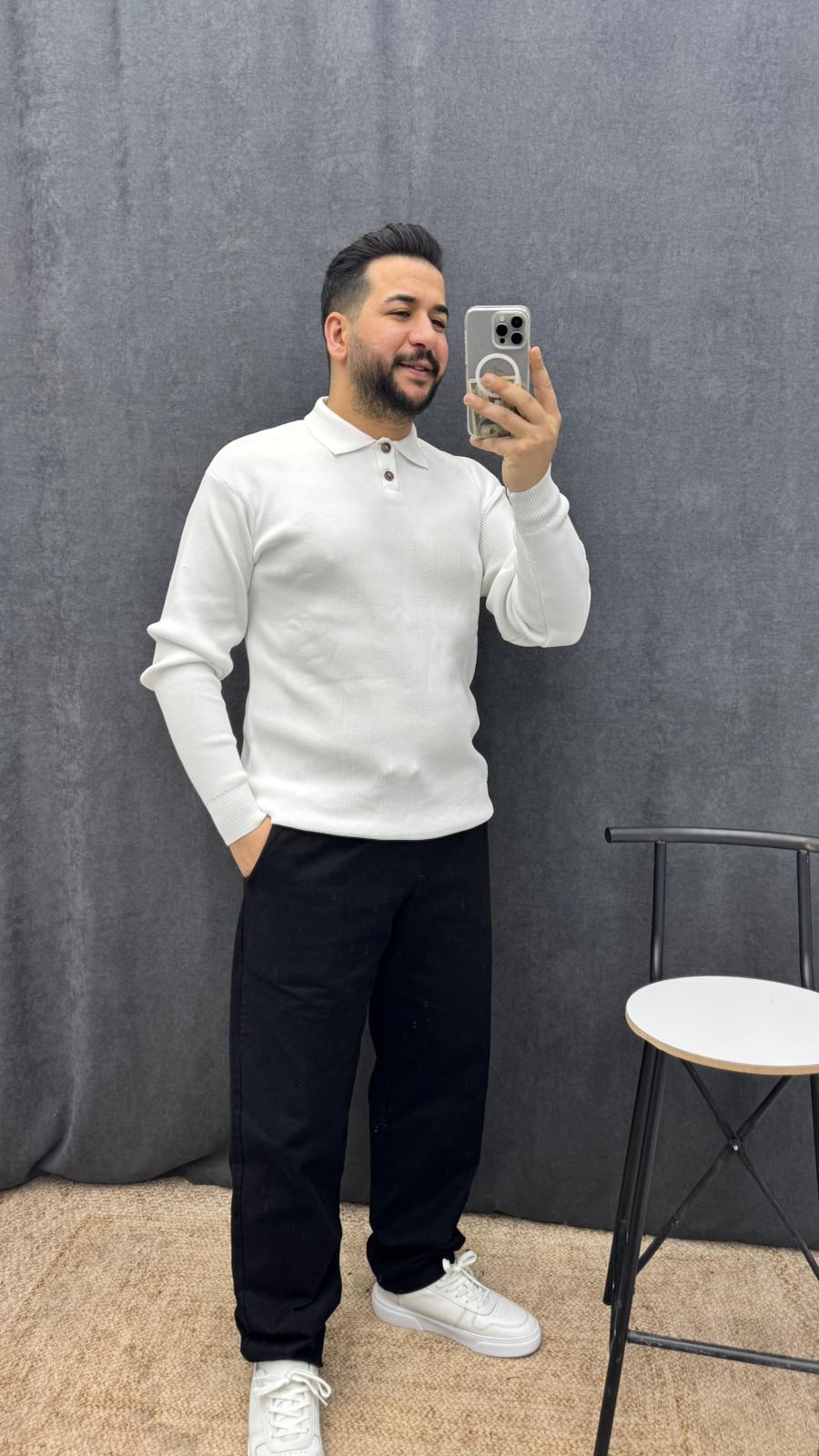 Polo Yaka Düğmeli Triko Beyaz