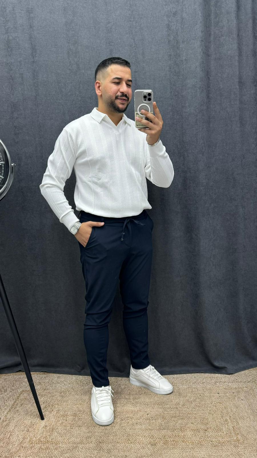 Polo Yaka Full Likralı Örme Şerit Detaylı Triko Beyaz