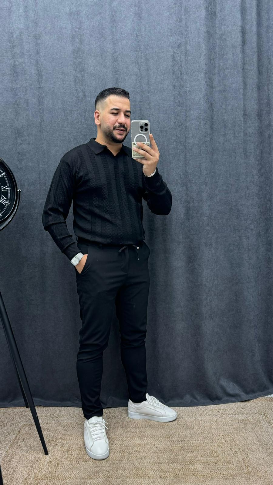 Polo Yaka Full Likralı Örme Şerit Detaylı Triko Siyah