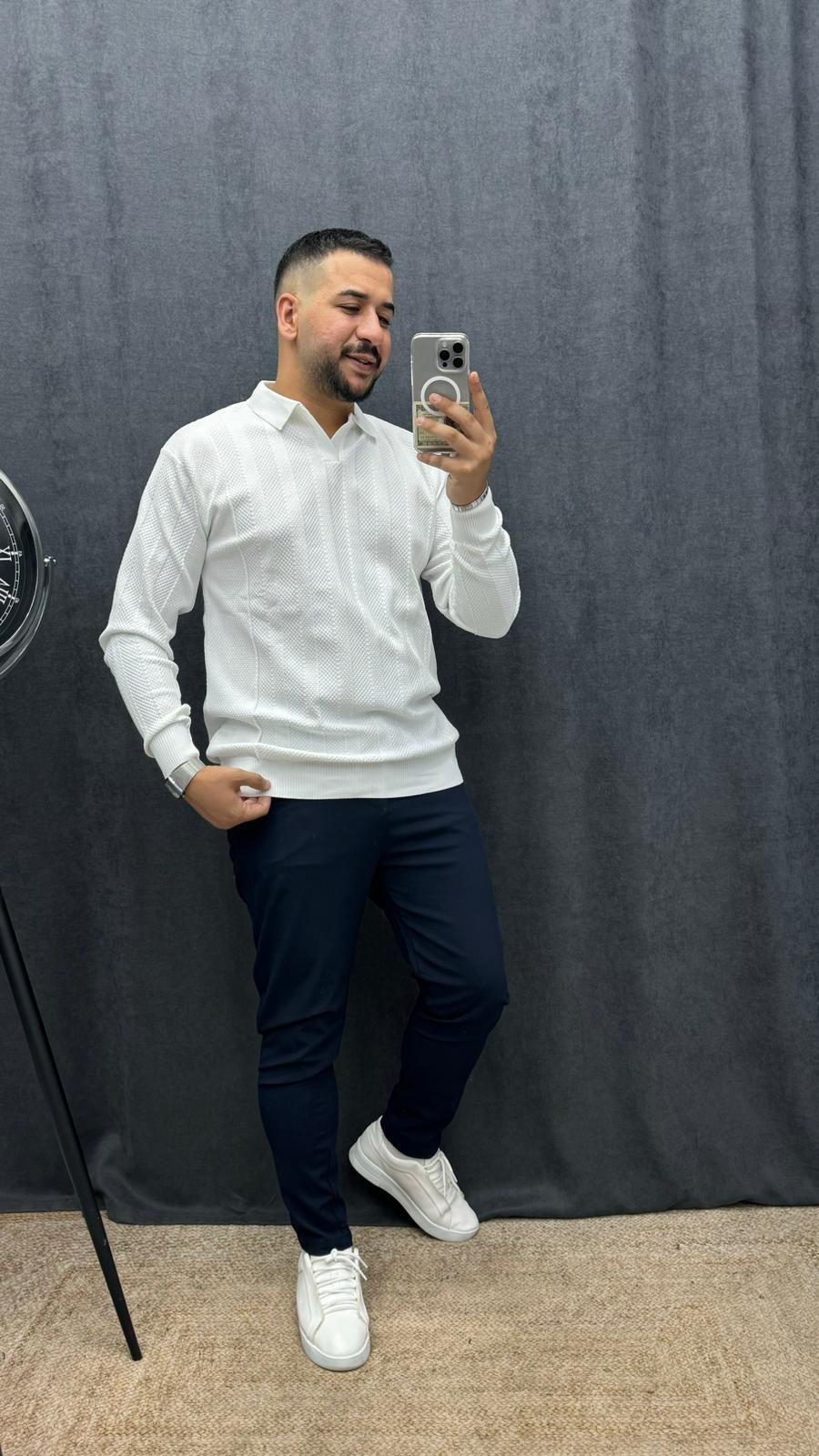 Polo Yaka Full Likralı Örme Şerit Detaylı Triko Beyaz
