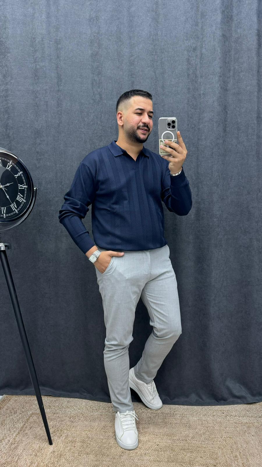 Polo Yaka Full Likralı Örme Şerit Detaylı Triko Lacivert