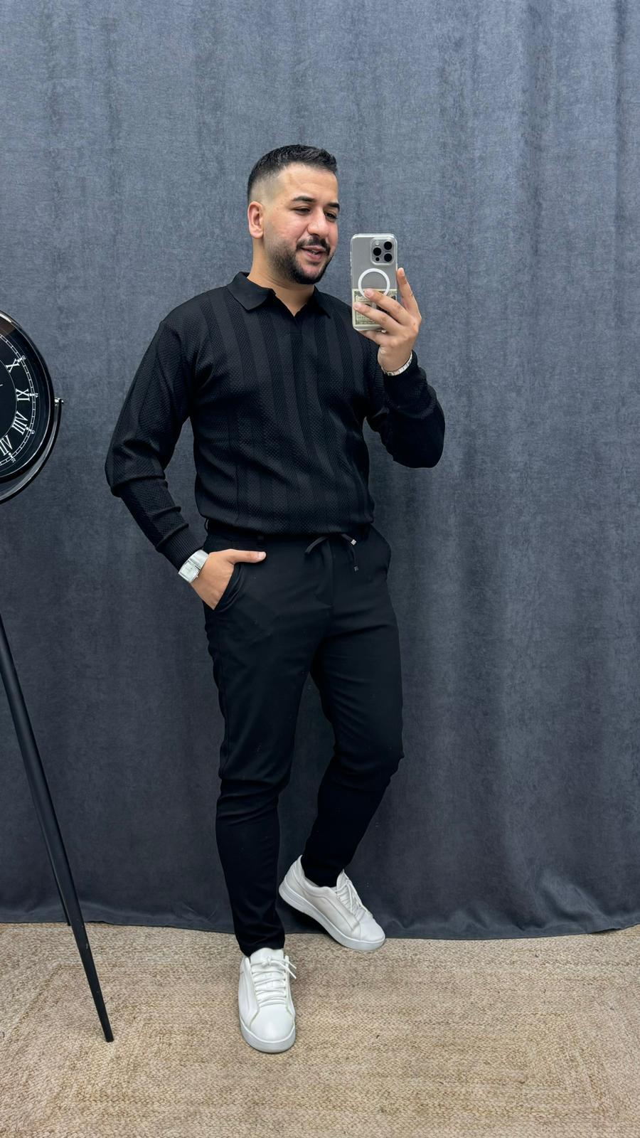Polo Yaka Full Likralı Örme Şerit Detaylı Triko Siyah