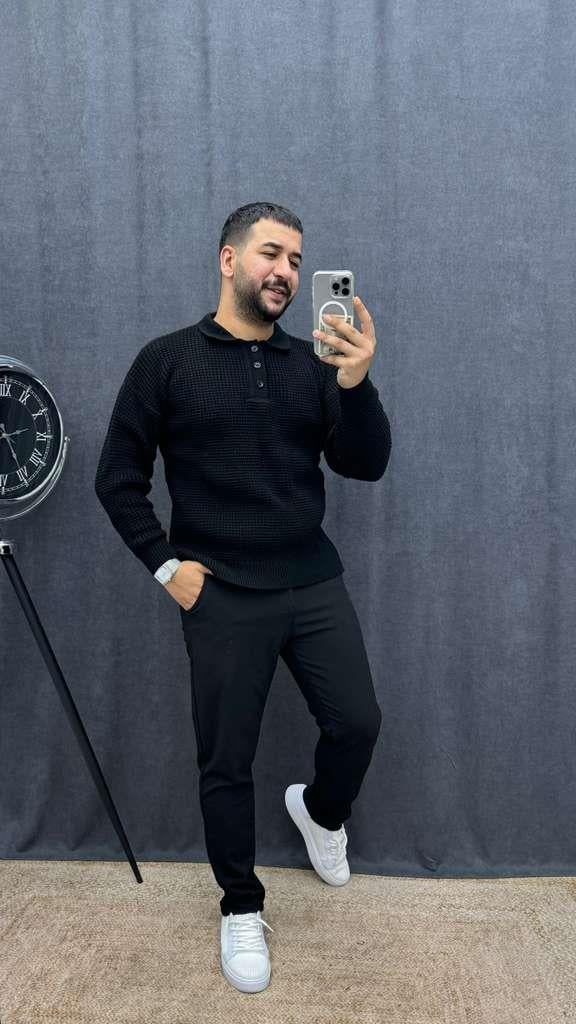 Polo Yaka Örme Triko Siyah