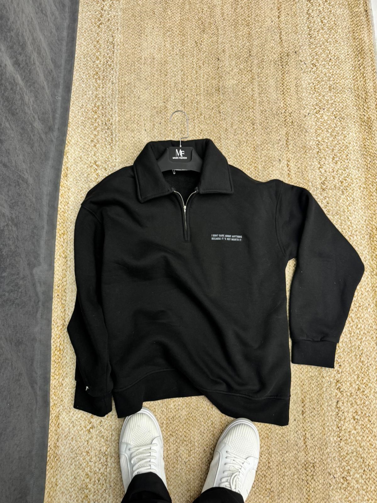 Polo Yaka Yarım Fermuarlı 3 İplik Sweat Siyah
