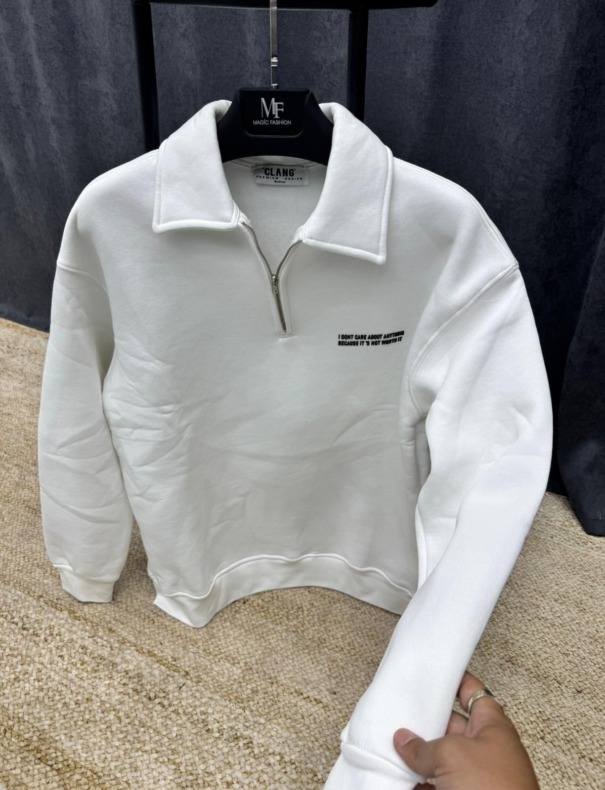 Polo Yaka Yarım Fermuarlı 3 İplik Sweat Beyaz