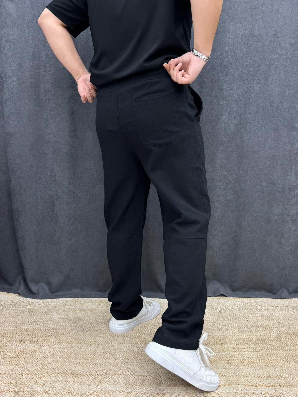 Ruff Paça Parçalı Bel Lastik İp Detaylı Ham Keten Baggy Pantolon Siyah