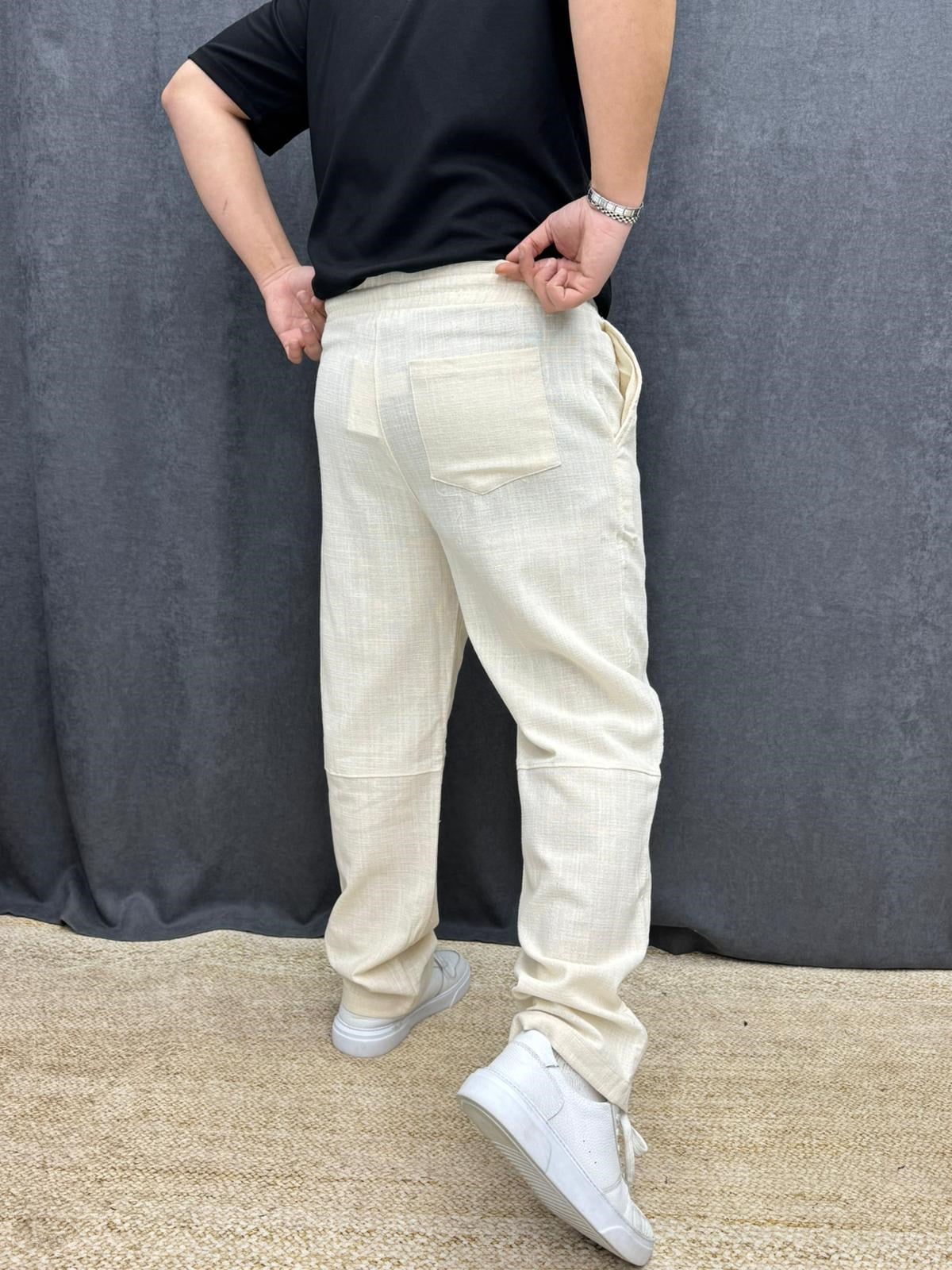 Ruff Paça Parçalı Bel Lastik İp Detaylı Ham Keten Baggy Pantolon Bej