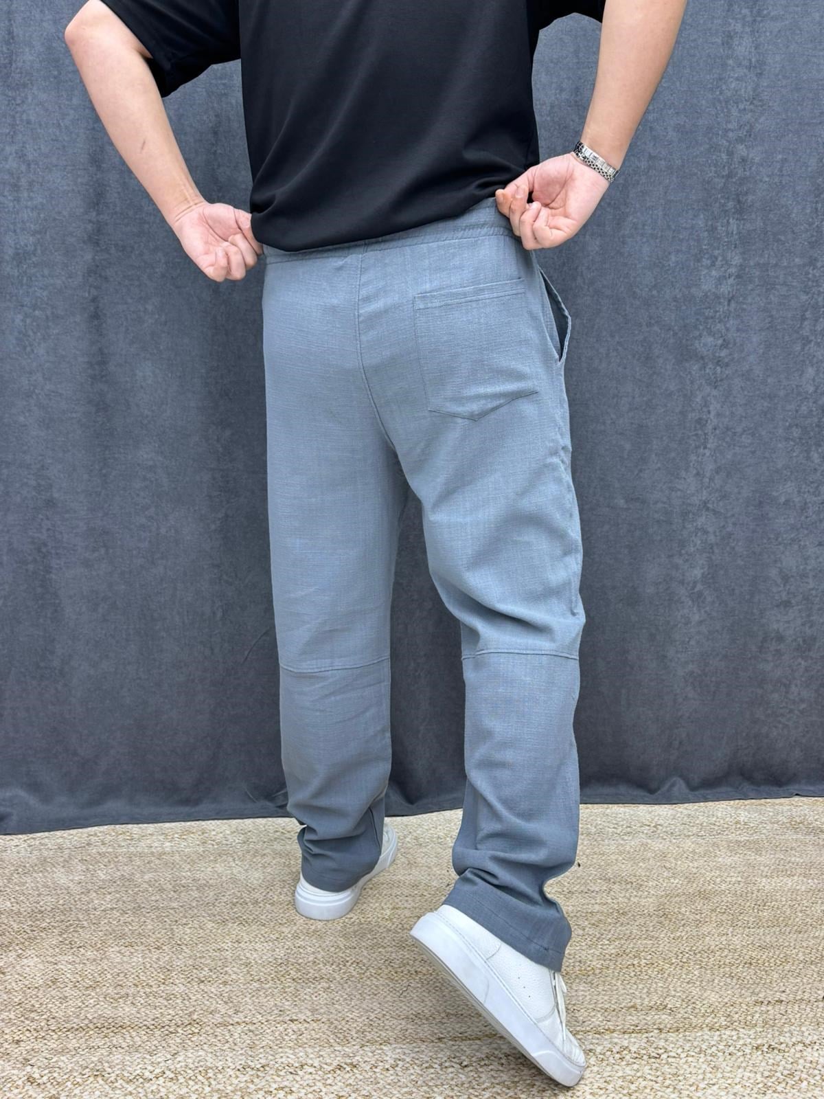 Ruff Paça Parçalı Bel Lastik İp Detaylı Ham Keten Baggy Pantolon Füme