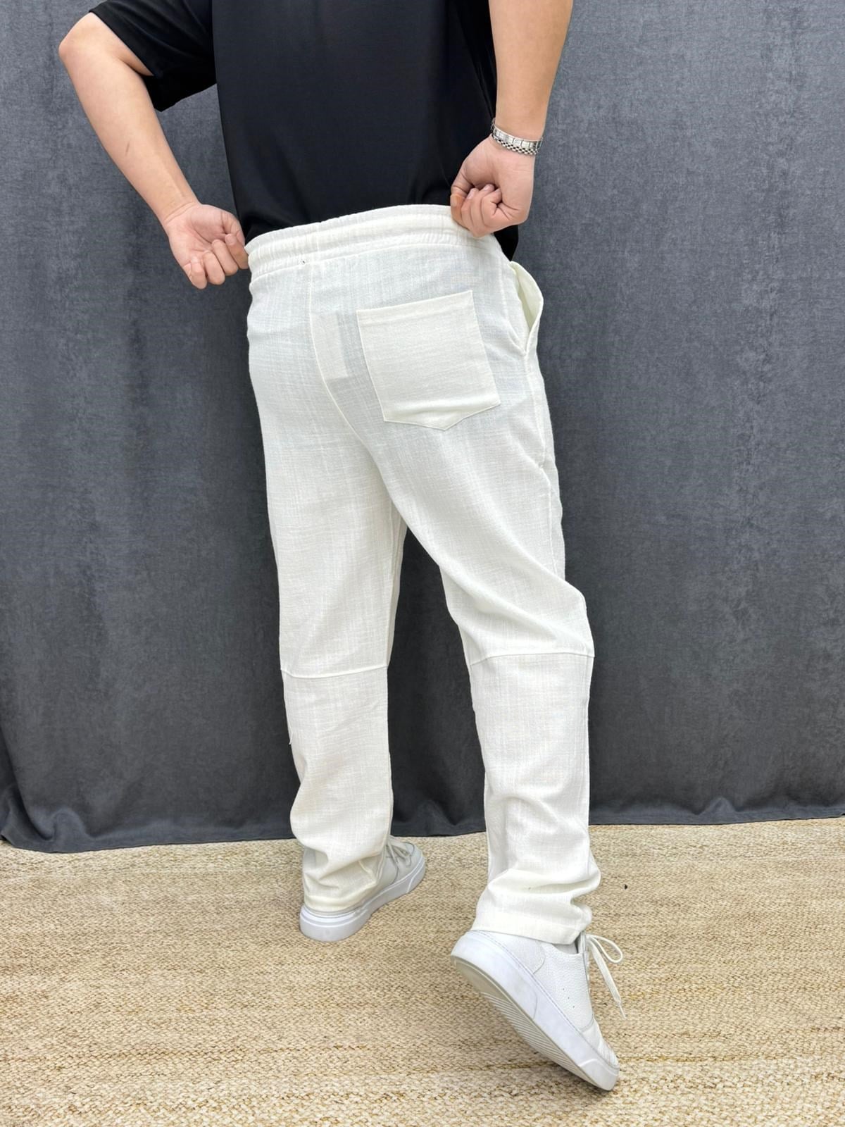 Ruff Paça Parçalı Bel Lastik İp Detaylı Ham Keten Baggy Pantolon Beyaz