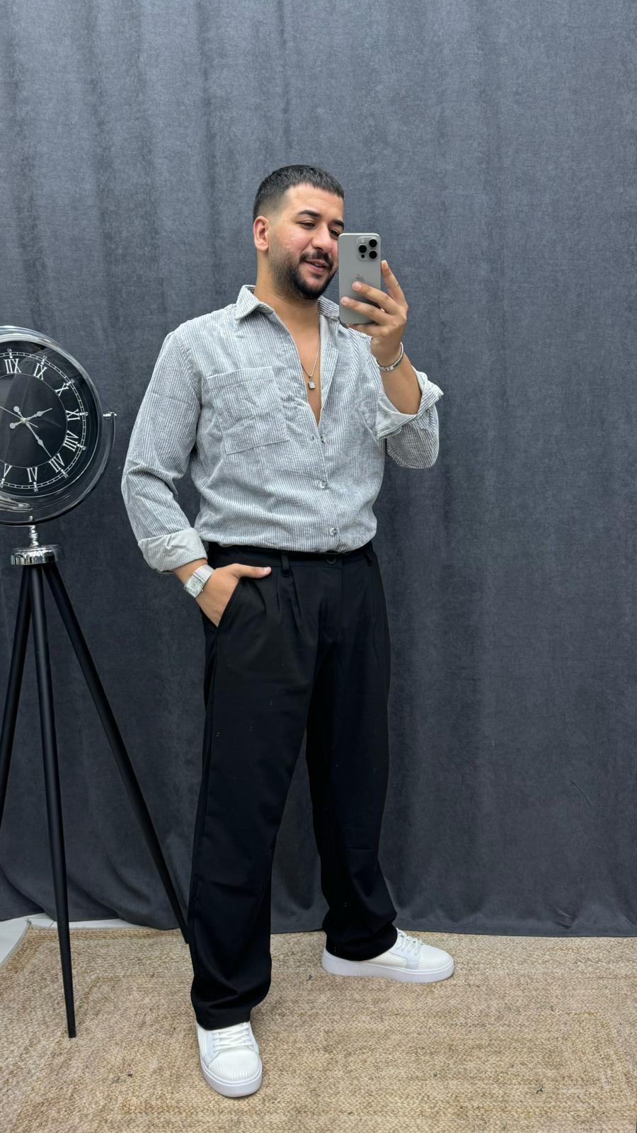 Tek Cep Kadife Rahat Kalıp Gömlek Gri
