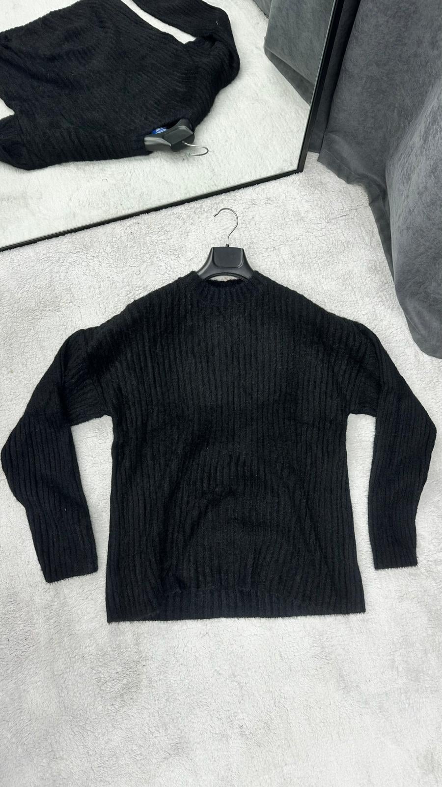 Tüylü Oversize Pamuk Triko Siyah
