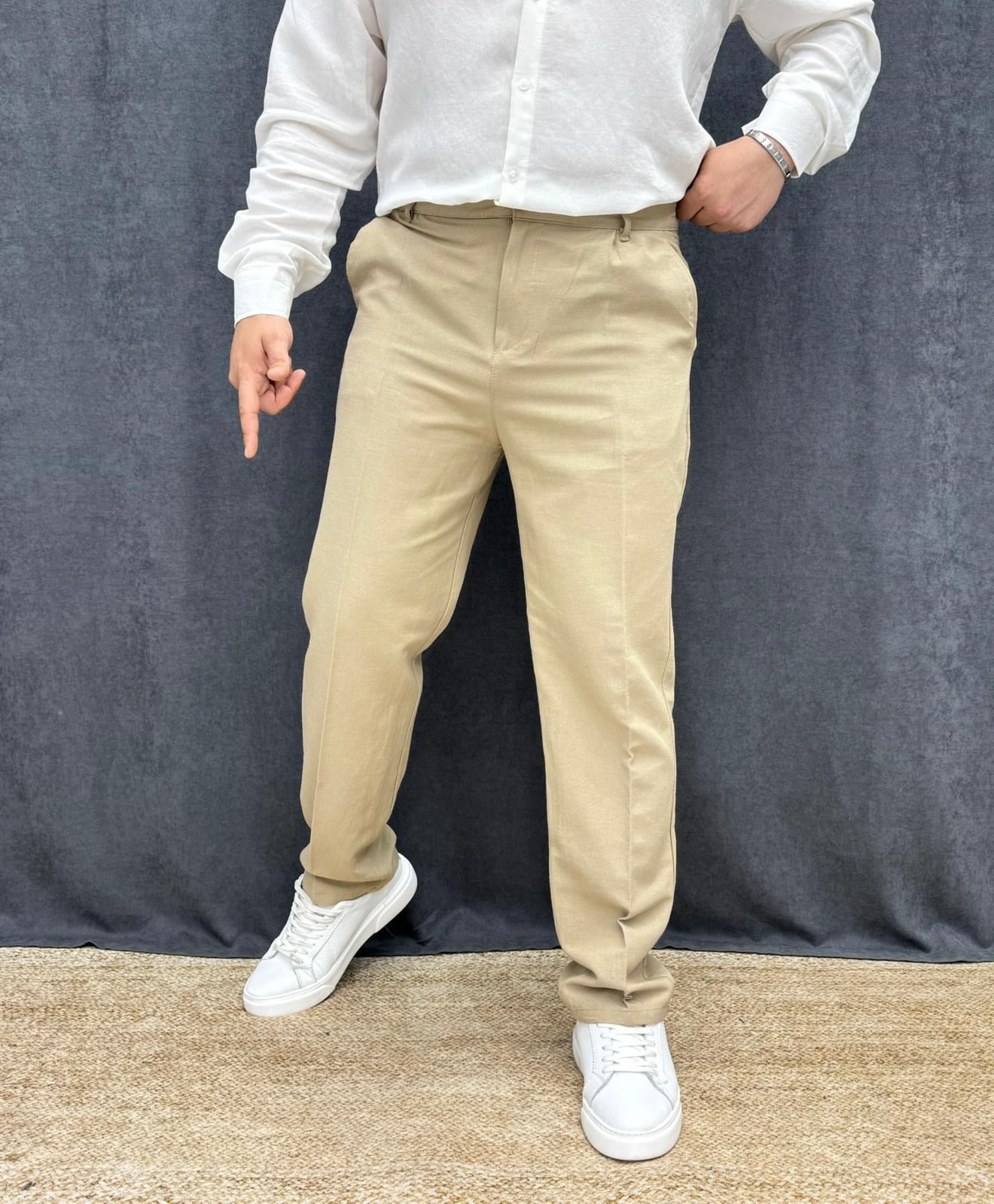 Viskon Keten Bel Lastikli Baggy Pantolon Zeytin Yeşili