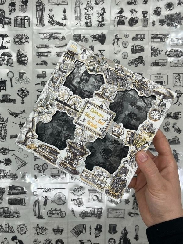  4 Bölmeli 100 Yaprak 573 Adet Özel Tasarım Siyah-Beyaz Renk  Nostaljik Sticker Set /Etiket /Çıkartma / Bullet Journal/Su Geçirmez