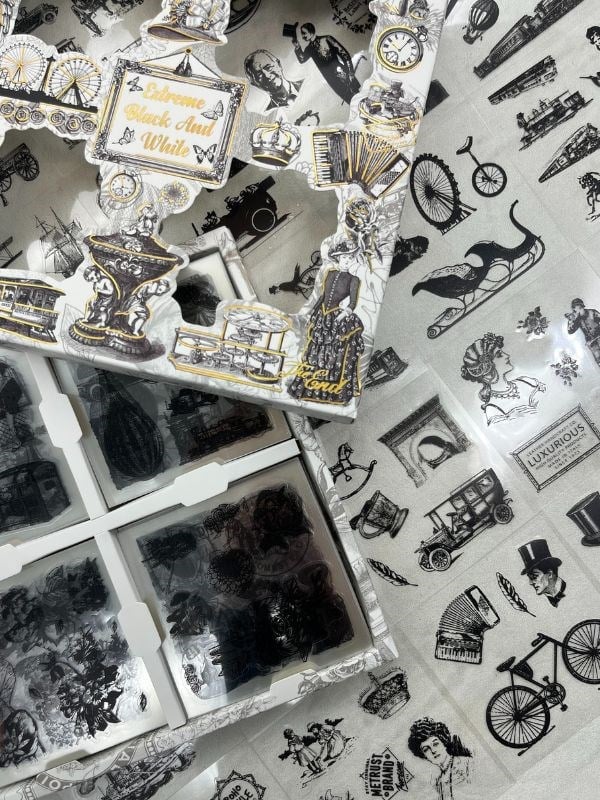  4 Bölmeli 100 Yaprak 573 Adet Özel Tasarım Siyah-Beyaz Renk  Nostaljik Sticker Set /Etiket /Çıkartma / Bullet Journal/Su Geçirmez