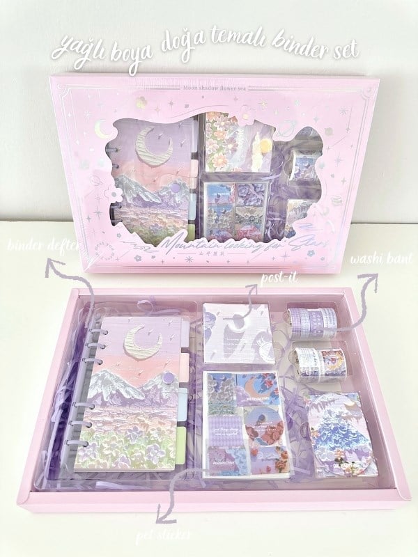  Doğa Temalı Yağlı Boya Mor Dopdolu Muhteşem Binder Defter Hediye Set/ Kutu Set / Notebook/Bullet Journal