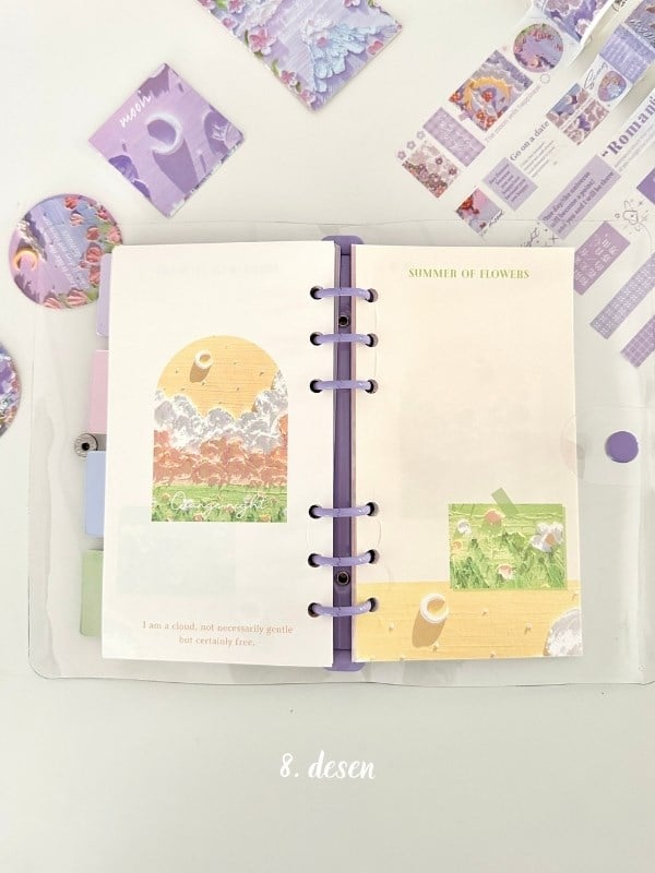  Doğa Temalı Yağlı Boya Mor Dopdolu Muhteşem Binder Defter Hediye Set/ Kutu Set / Notebook/Bullet Journal