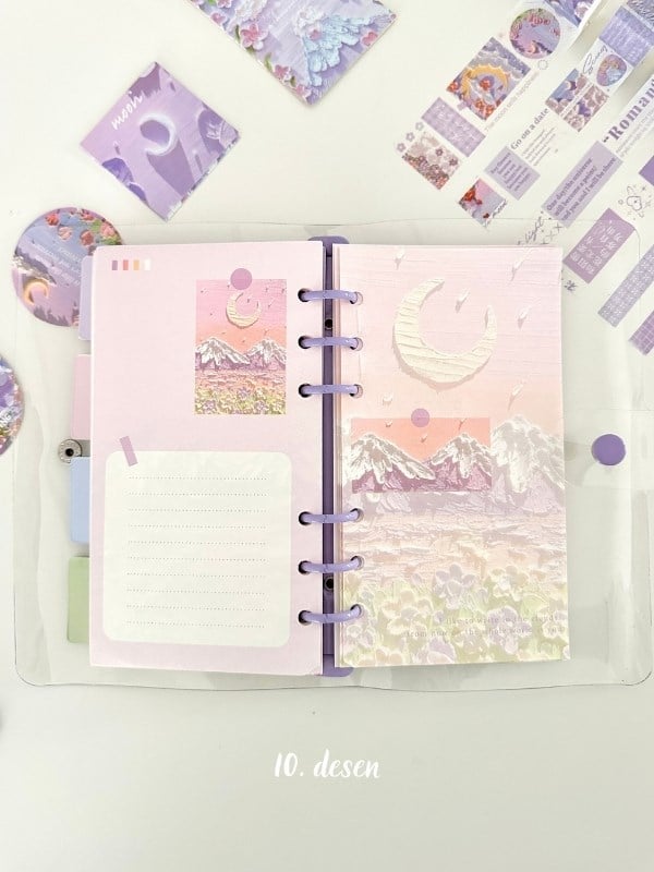  Doğa Temalı Yağlı Boya Mor Dopdolu Muhteşem Binder Defter Hediye Set/ Kutu Set / Notebook/Bullet Journal