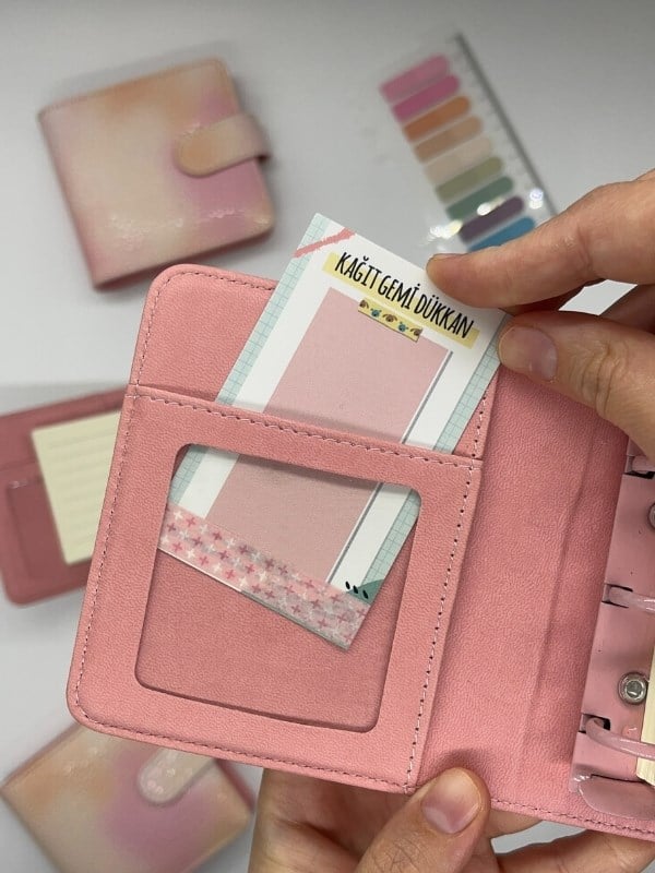 Mini Boy Pembe Krem Tonları Mıknatıslı PU Deri Kapaklı Sürdürülebilir Ajanda/ Planner/ Binder Defter 80 Yaprak (Çizgili, Değiştirilebilir Sayfa)