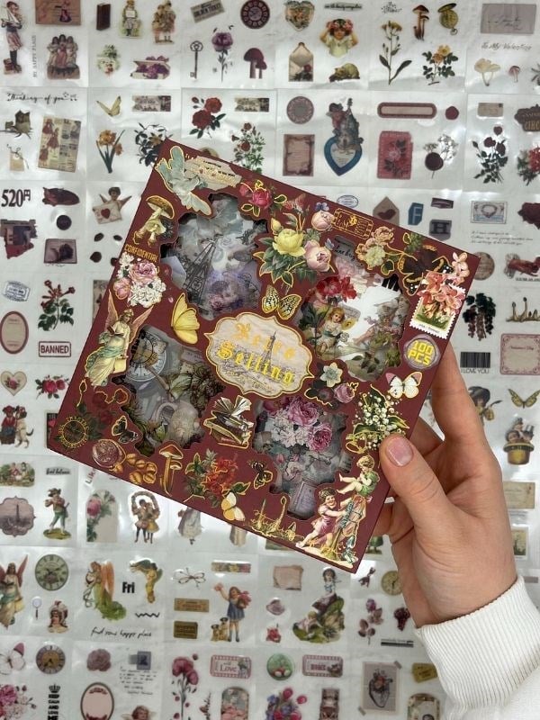 4 Bölmeli 100 Yaprak 457 Adet Özel Tasarım Retro Bordo Renk Nostaljik Sticker Set /Etiket /Çıkartma/Su Geçirmez