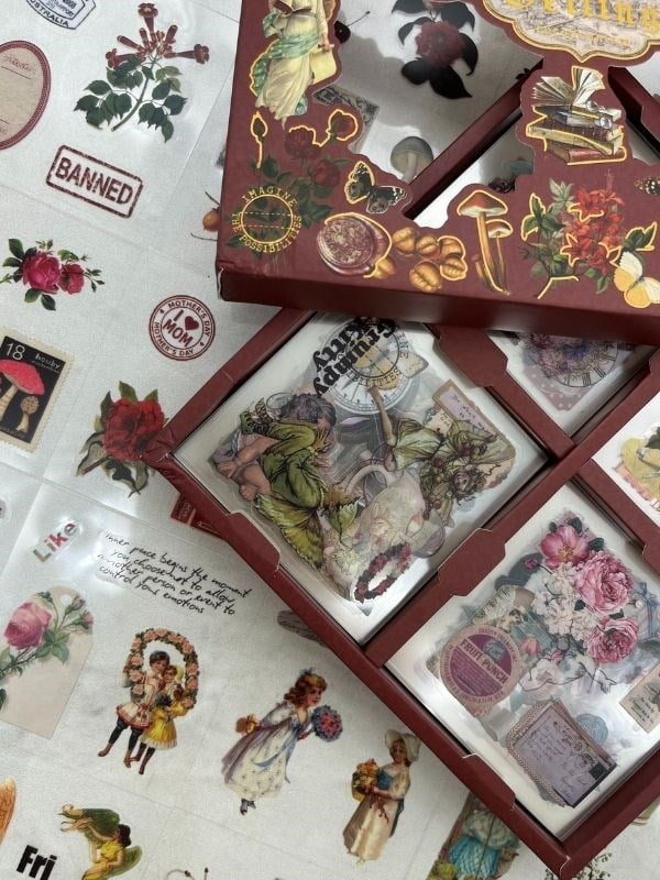 4 Bölmeli 100 Yaprak 457 Adet Özel Tasarım Retro Bordo Renk Nostaljik Sticker Set /Etiket /Çıkartma/Su Geçirmez
