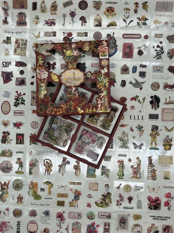 4 Bölmeli 100 Yaprak 457 Adet Özel Tasarım Retro Bordo Renk Nostaljik Sticker Set /Etiket /Çıkartma/Su Geçirmez