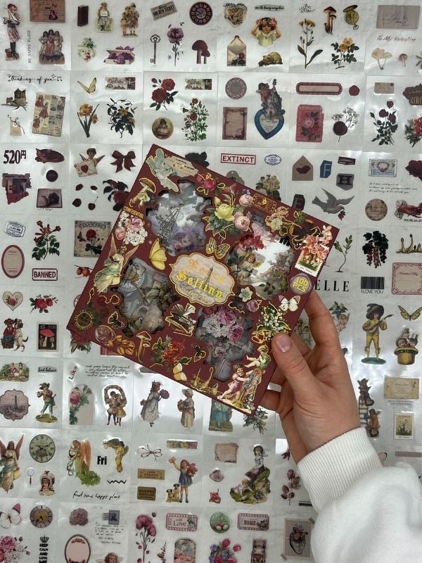 4 Bölmeli 100 Yaprak 457 Adet Özel Tasarım Retro Bordo Renk Nostaljik Sticker Set /Etiket /Çıkartma/Su Geçirmez