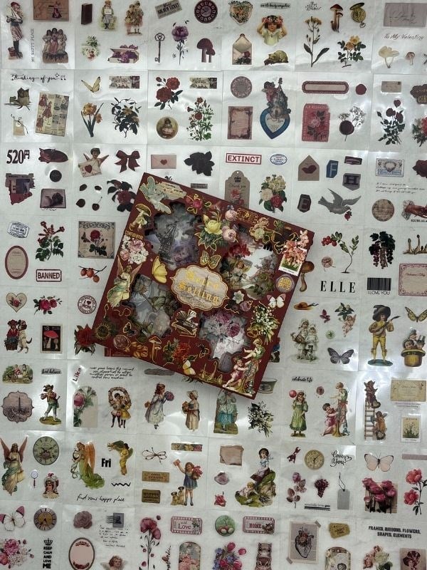 4 Bölmeli 100 Yaprak 457 Adet Özel Tasarım Retro Bordo Renk Nostaljik Sticker Set /Etiket /Çıkartma/Su Geçirmez