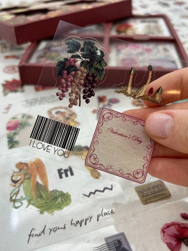 4 Bölmeli 100 Yaprak 457 Adet Özel Tasarım Retro Bordo Renk Nostaljik Sticker Set /Etiket /Çıkartma/Su Geçirmez