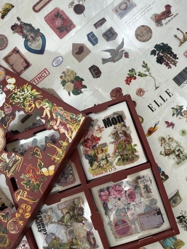 4 Bölmeli 100 Yaprak 457 Adet Özel Tasarım Retro Bordo Renk Nostaljik Sticker Set /Etiket /Çıkartma/Su Geçirmez