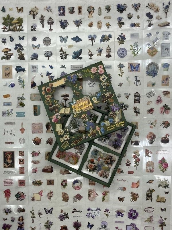 4 Bölmeli 100 Yaprak 486 Adet Özel Tasarım Retro Yeşil  Renk  Doğa Temalı Sticker Set / Etiket / Çıkartma/ Su Geçirmez