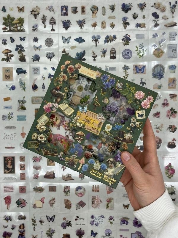 4 Bölmeli 100 Yaprak 486 Adet Özel Tasarım Retro Yeşil  Renk  Doğa Temalı Sticker Set / Etiket / Çıkartma/ Su Geçirmez
