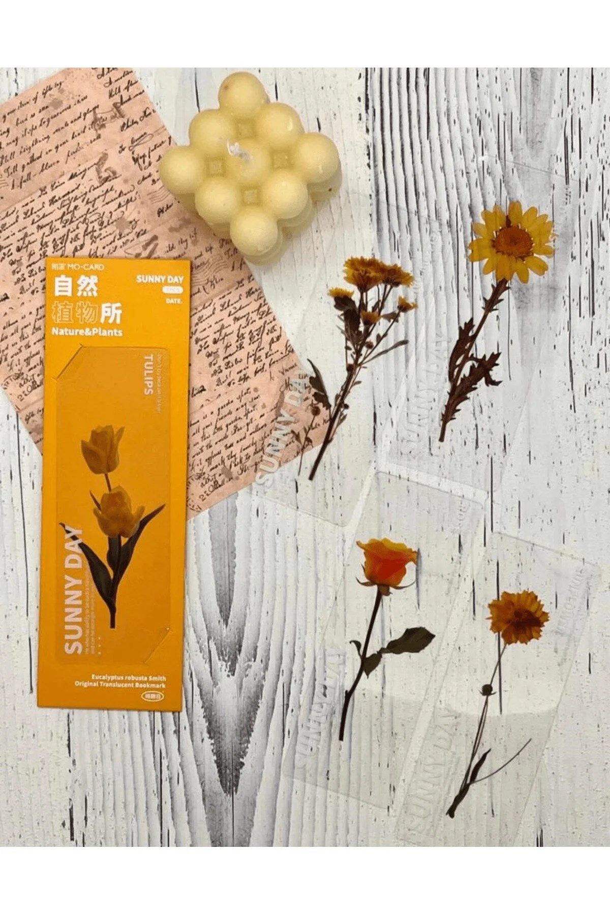5'li Çiçekli Şeffaf Sarı Kutu Kitap Ayracı