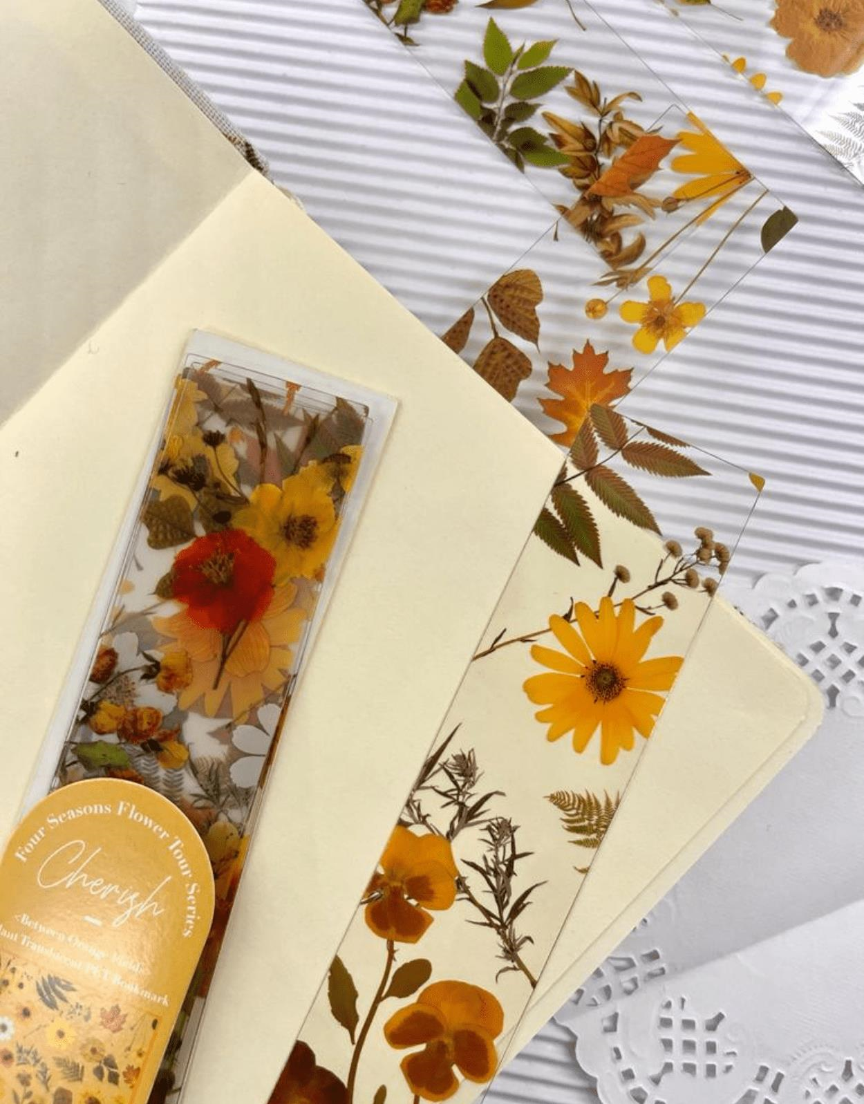 5'li Şeffaf Çiçek Seyahat Serisi Retro Sarı Renk Kitap Ayracı Yeşil Kutu Kitap Ayracı