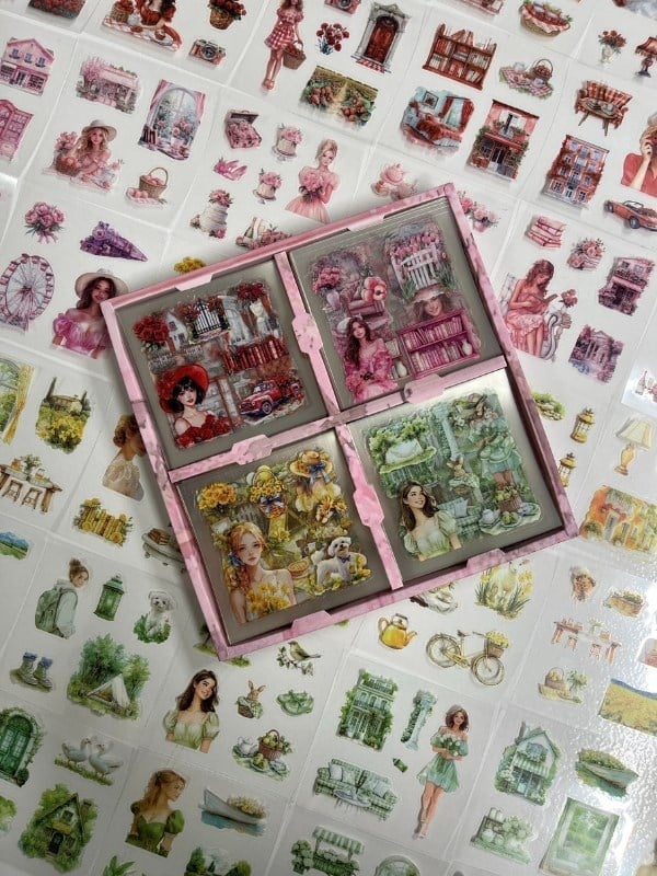 Aesthetic Blooming Girls İlkbahar Temalı 4Bölüm 100 Yaprak 478 Adet Kutu Sticker Set/Etiket/Çıkartma