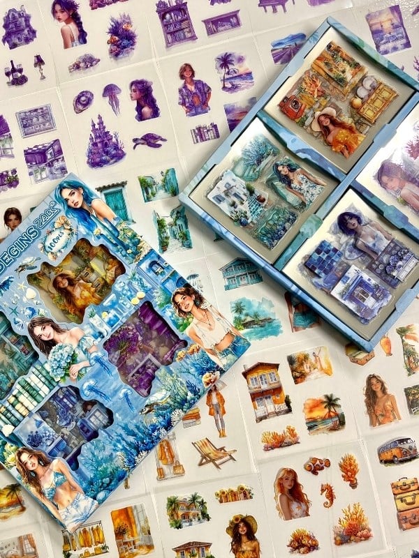 Aesthetic Dreamy Girls Yaz Temalı 4 Bölüm 100 Yaprak 435 Adet Kutu Sticker Seti/Etiket/Çıkartma
