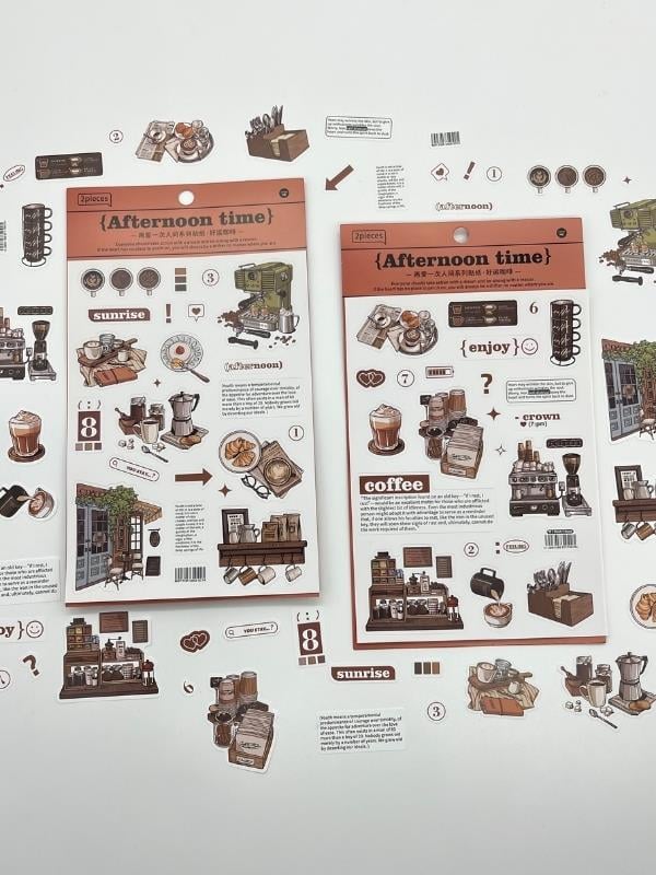 Afternoon Time Kafe Ve Kahve Temalı 2 Yaprak 44 Adet Sticker Seti/Etiket/Çıkartma