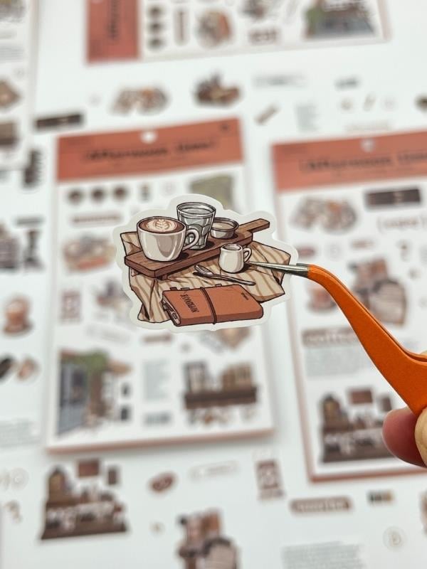 Afternoon Time Kafe Ve Kahve Temalı 2 Yaprak 44 Adet Sticker Seti/Etiket/Çıkartma