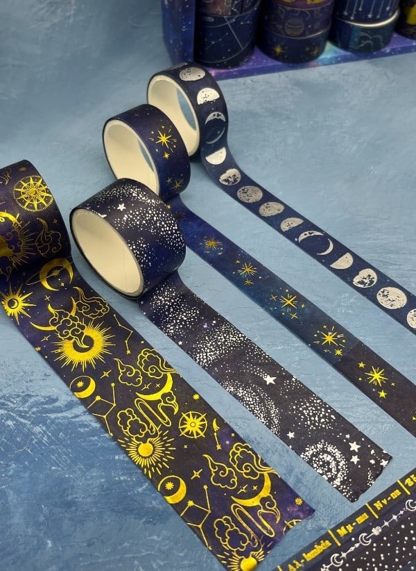Astroloji ve Burçlar Temalı Özel Tasarım Altın ve Gümüş Yaldızlı 20’li Washi Bant Set (20X2 m) – Koyu Mavi Gökyüzü Desenleri/Desenli Bant/Washi Tape
