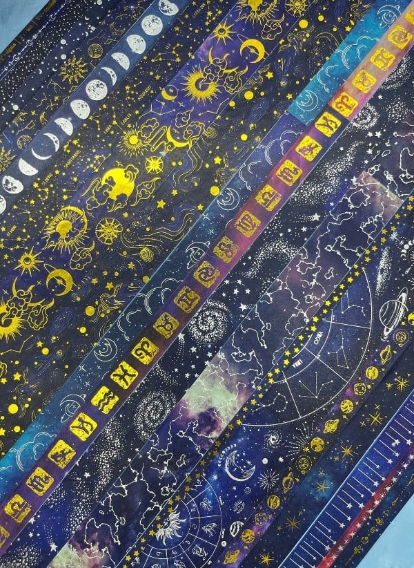 Astroloji ve Burçlar Temalı Özel Tasarım Altın ve Gümüş Yaldızlı 20’li Washi Bant Set (20X2 m) – Koyu Mavi Gökyüzü Desenleri/Desenli Bant/Washi Tape