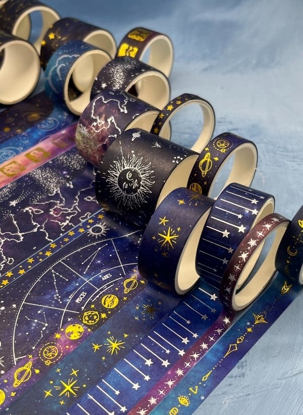 Astroloji ve Burçlar Temalı Özel Tasarım Altın ve Gümüş Yaldızlı 20’li Washi Bant Set (20X2 m) – Koyu Mavi Gökyüzü Desenleri/Desenli Bant/Washi Tape