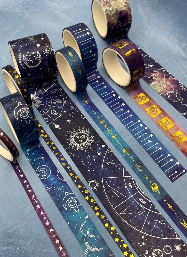 Astroloji ve Burçlar Temalı Özel Tasarım Altın ve Gümüş Yaldızlı 20’li Washi Bant Set (20X2 m) – Koyu Mavi Gökyüzü Desenleri/Desenli Bant/Washi Tape