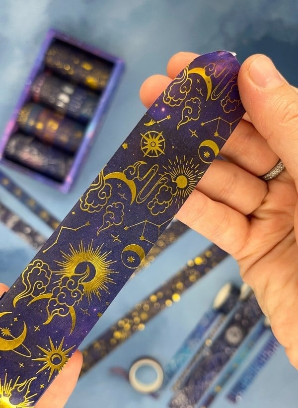 Astroloji ve Burçlar Temalı Özel Tasarım Altın ve Gümüş Yaldızlı 20’li Washi Bant Set (20X2 m) – Koyu Mavi Gökyüzü Desenleri/Desenli Bant/Washi Tape