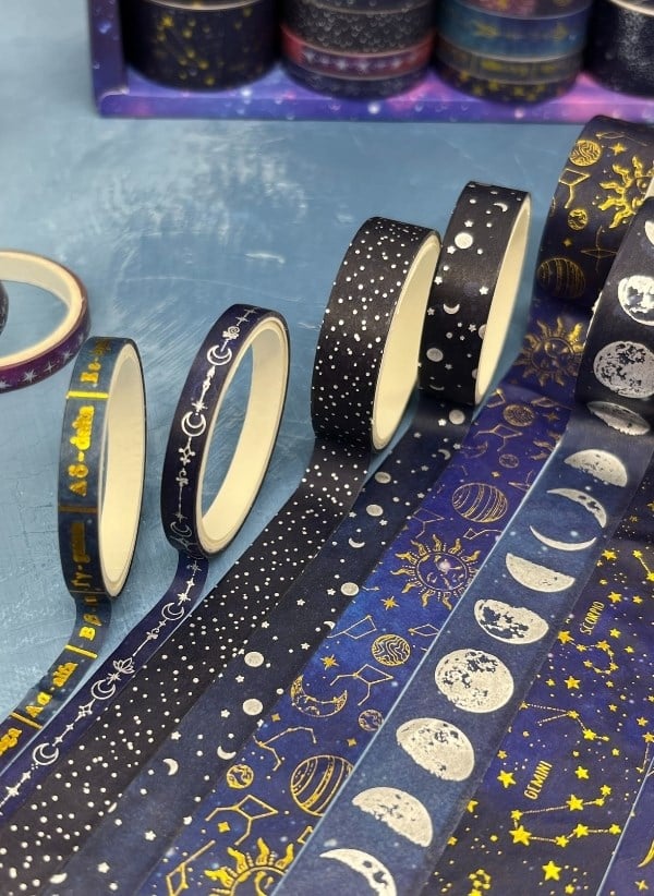 Astroloji ve Burçlar Temalı Özel Tasarım Altın ve Gümüş Yaldızlı 20’li Washi Bant Set (20X2 m) – Koyu Mavi Gökyüzü Desenleri/Desenli Bant/Washi Tape