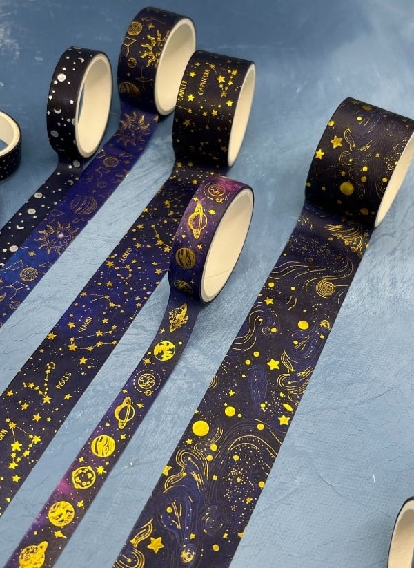 Astroloji ve Burçlar Temalı Özel Tasarım Altın ve Gümüş Yaldızlı 20’li Washi Bant Set (20X2 m) – Koyu Mavi Gökyüzü Desenleri/Desenli Bant/Washi Tape