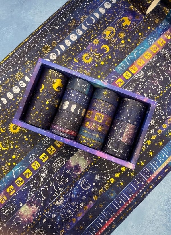 Astroloji ve Burçlar Temalı Özel Tasarım Altın ve Gümüş Yaldızlı 20’li Washi Bant Set (20X2 m) – Koyu Mavi Gökyüzü Desenleri/Desenli Bant/Washi Tape