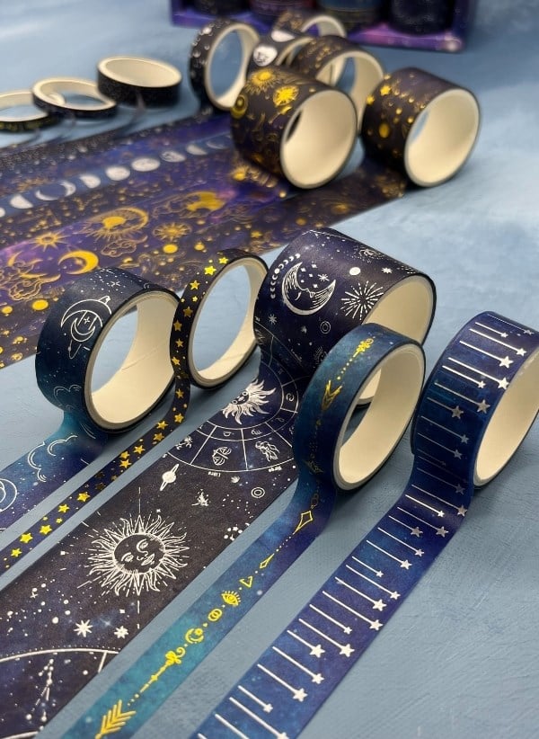 Astroloji ve Burçlar Temalı Özel Tasarım Altın ve Gümüş Yaldızlı 20’li Washi Bant Set (20X2 m) – Koyu Mavi Gökyüzü Desenleri/Desenli Bant/Washi Tape