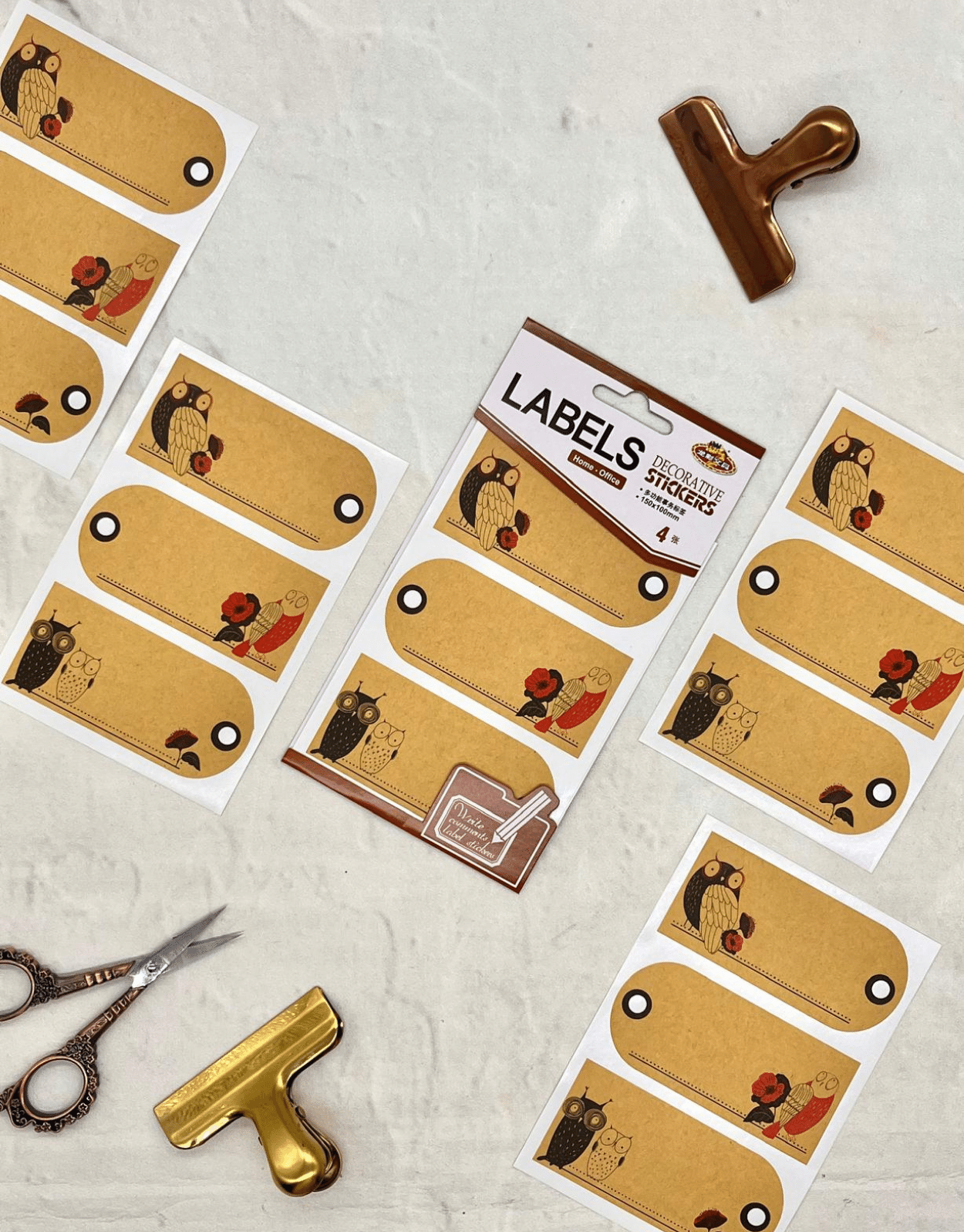 Baykuş Desenli  Kraft Kağıt Yapışkanlı Etiket /Defter Etiketi/Sticker/Etiket